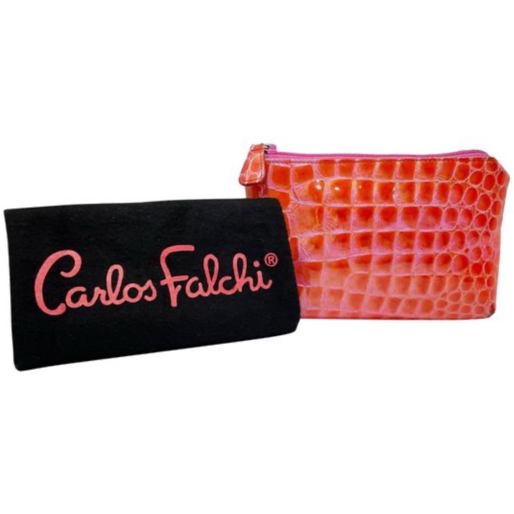 Carlos Falchi pink and orange genuine patent crocodile leather zip pouch